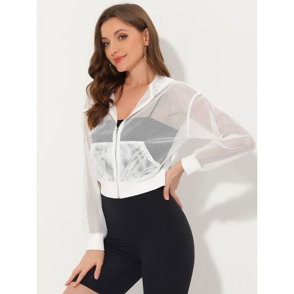 Mesh Jacket Zip Up Fishnet Hoodie Sexy See Through Crop Bomber Jackets White - Picture 4 of 6